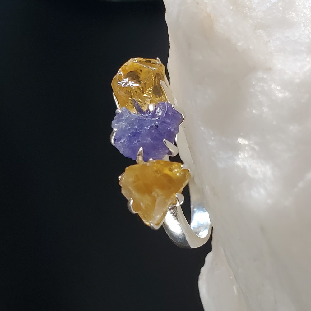 Solid Sterling Silver 925 Ring Raw Tanzanite/Citrine Stones